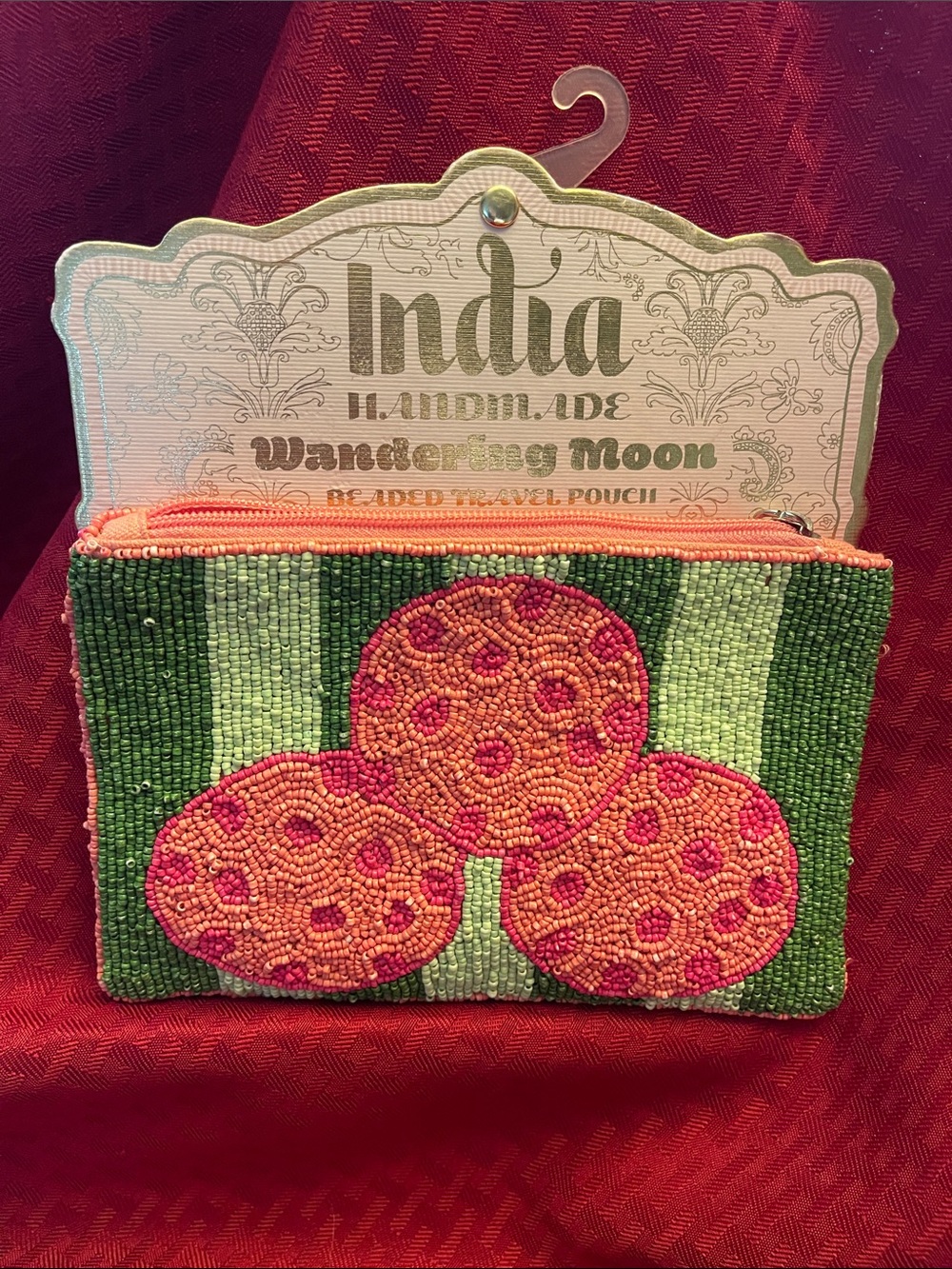 Wandering Moon Beaded Cosmetic Pouch in Green & Pink